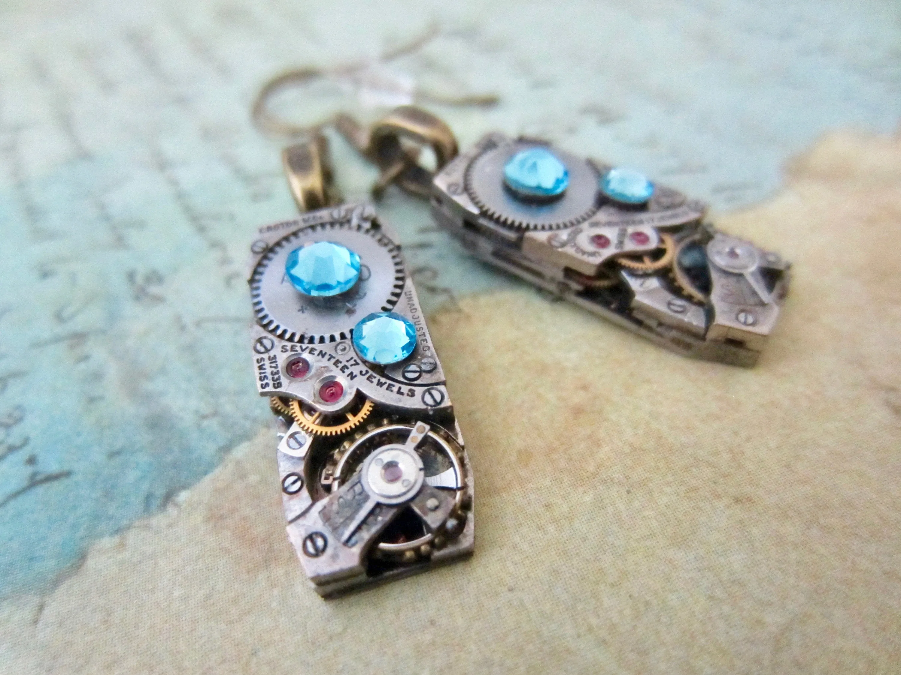 Steampunk Earrings - Watch movement jewelry - AquaMarine - Recycled - unique - one of a kind