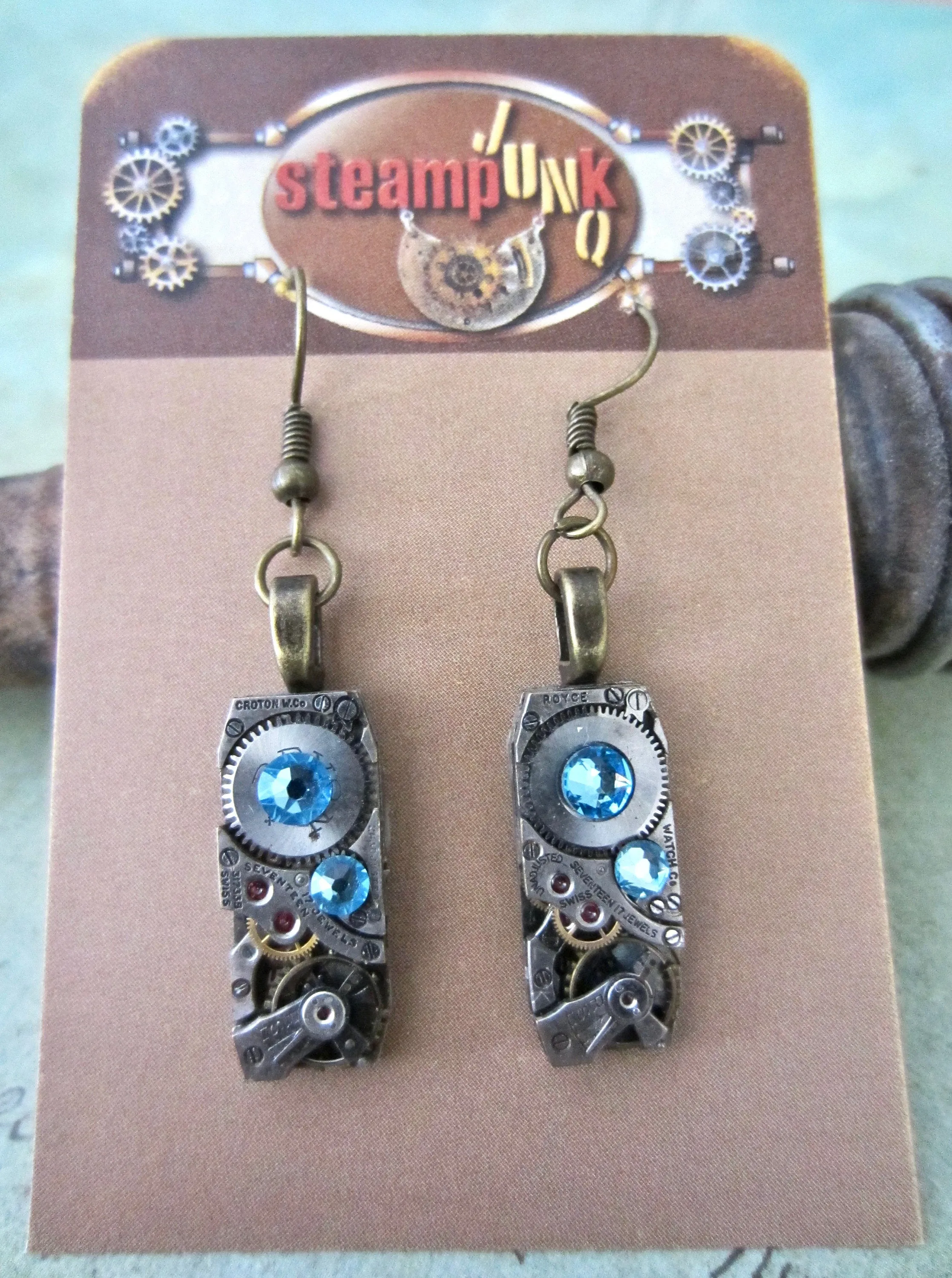 Steampunk Earrings - Watch movement jewelry - AquaMarine - Recycled - unique - one of a kind