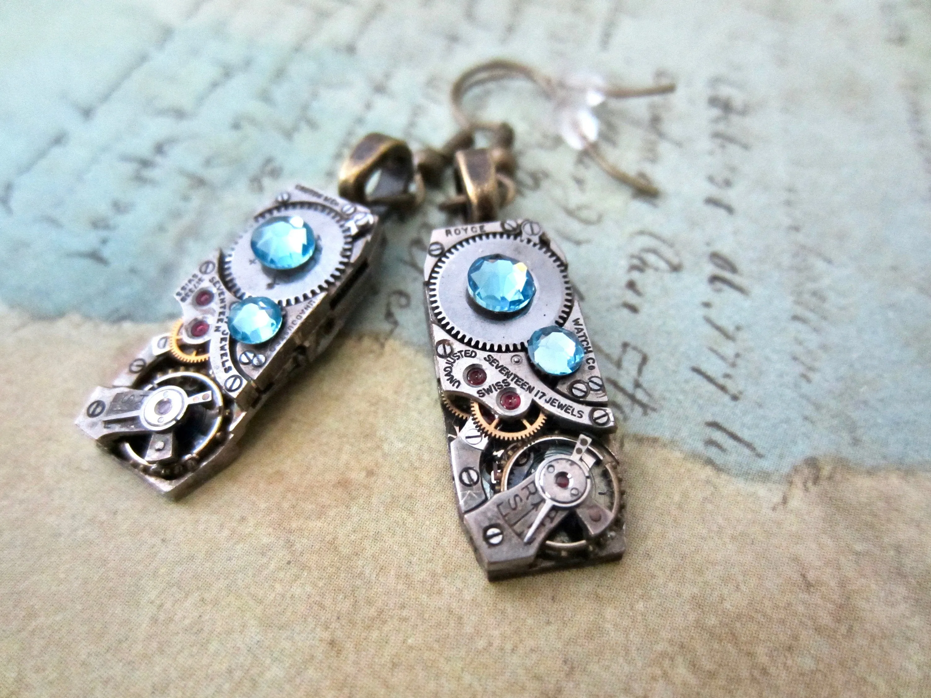 Steampunk Earrings - Watch movement jewelry - AquaMarine - Recycled - unique - one of a kind