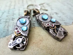 Steampunk Earrings - Watch movement jewelry - AquaMarine - Recycled - unique - one of a kind