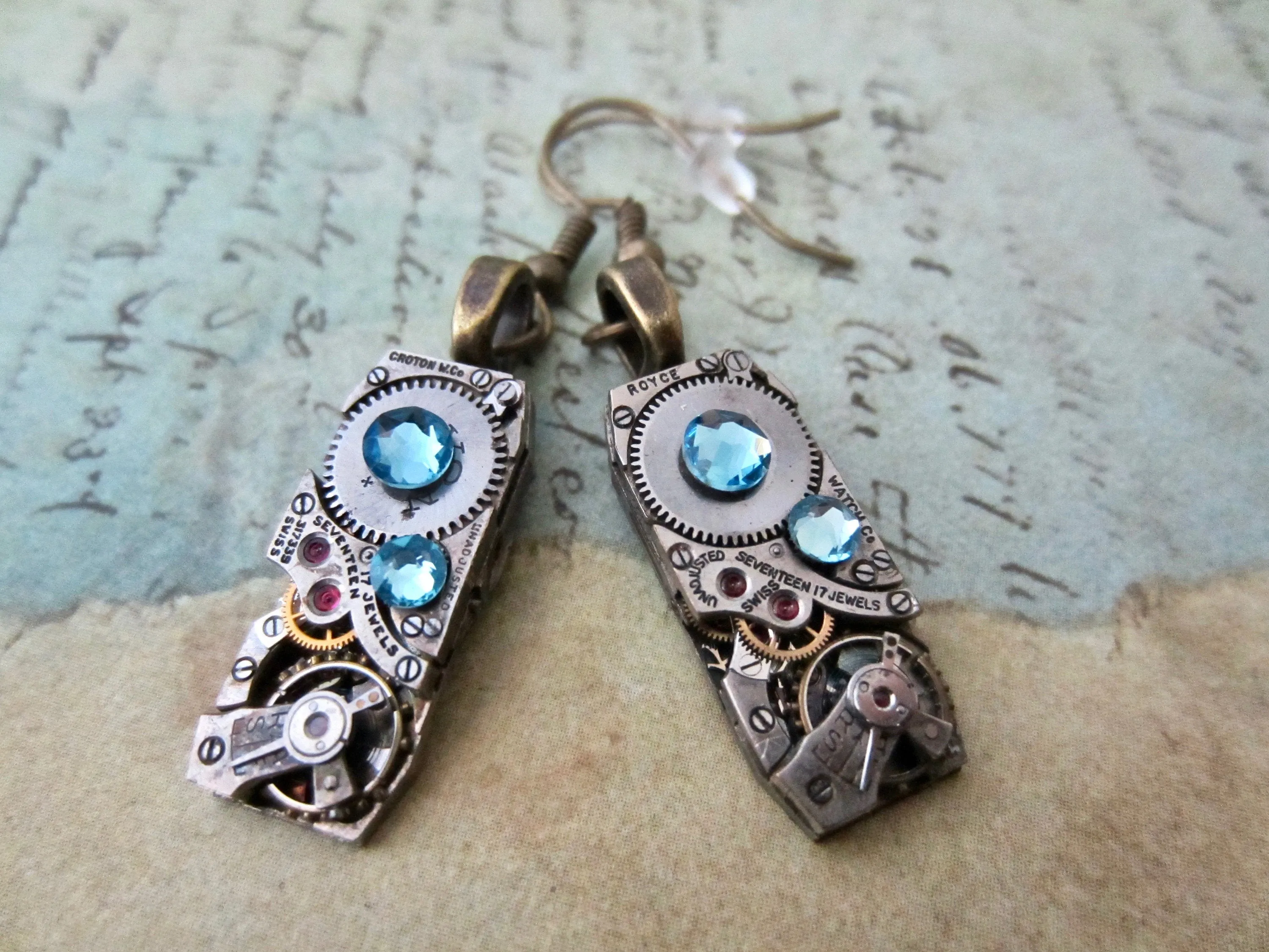 Steampunk Earrings - Watch movement jewelry - AquaMarine - Recycled - unique - one of a kind