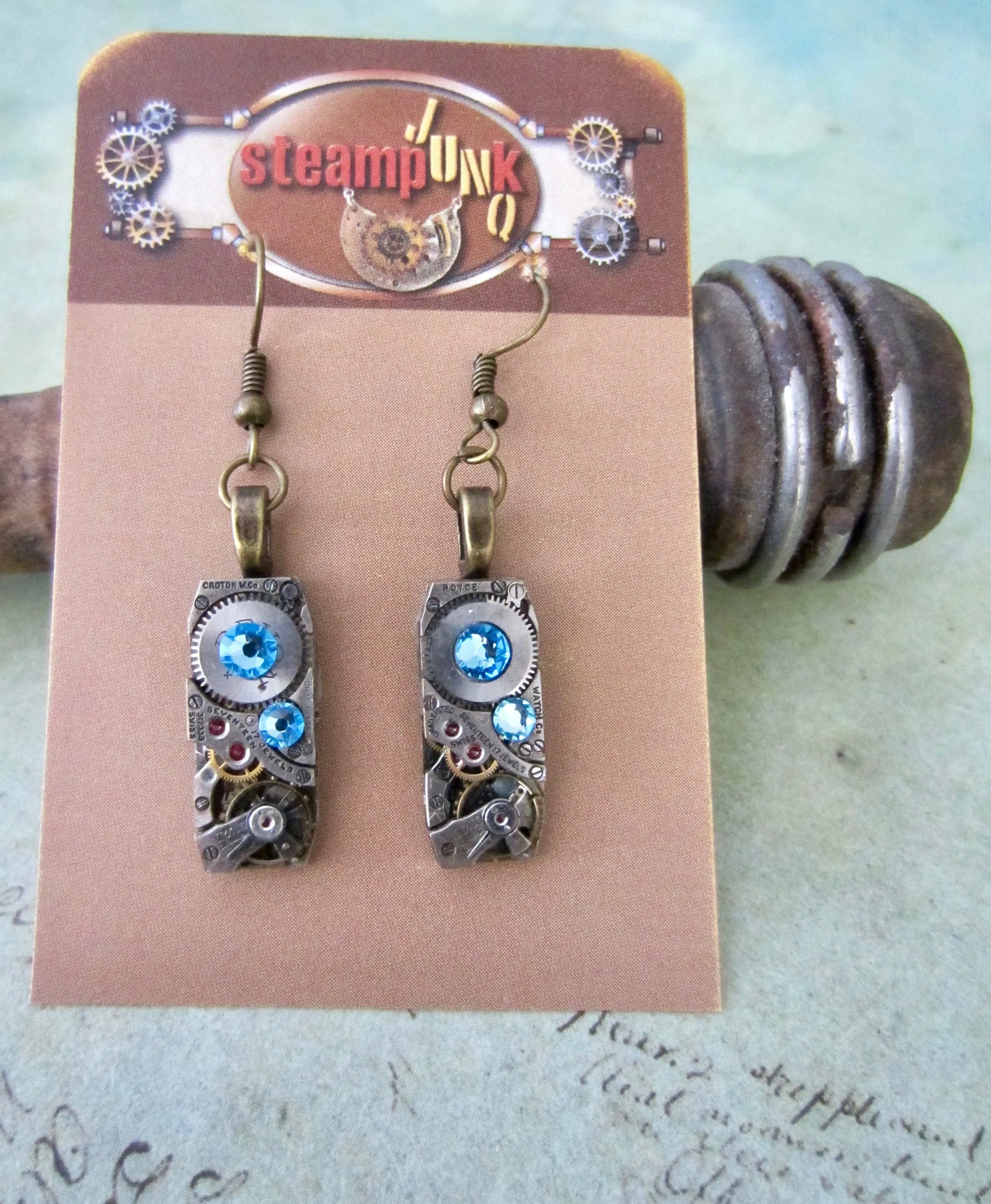 Steampunk Earrings - Watch movement jewelry - AquaMarine - Recycled - unique - one of a kind