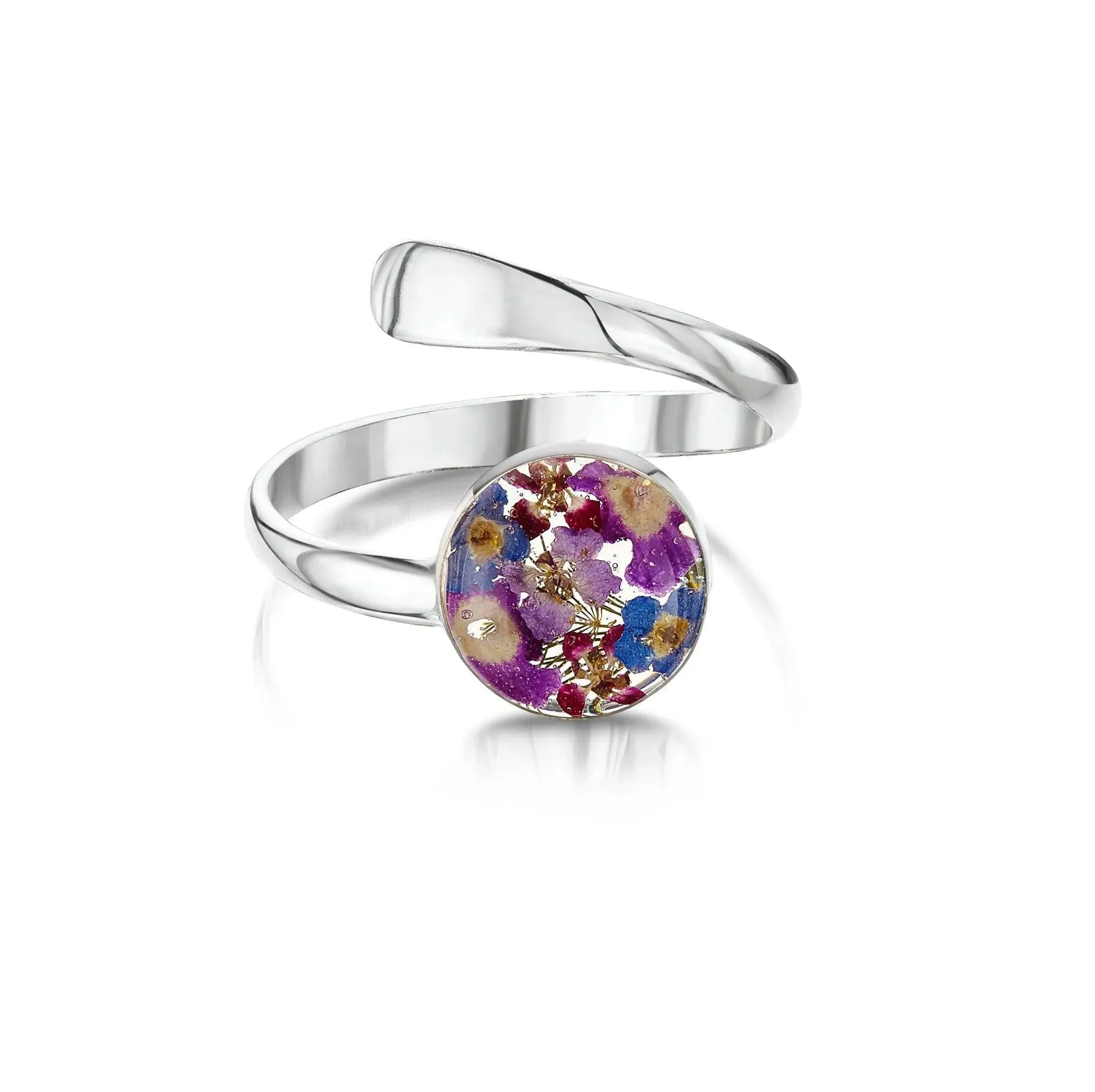 Sterling silver adjustable ring handmade with Purple Verbenas and Forget-me-not flowers