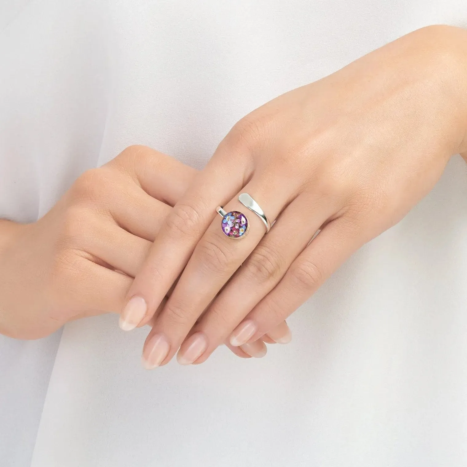 Sterling silver adjustable ring handmade with Purple Verbenas and Forget-me-not flowers