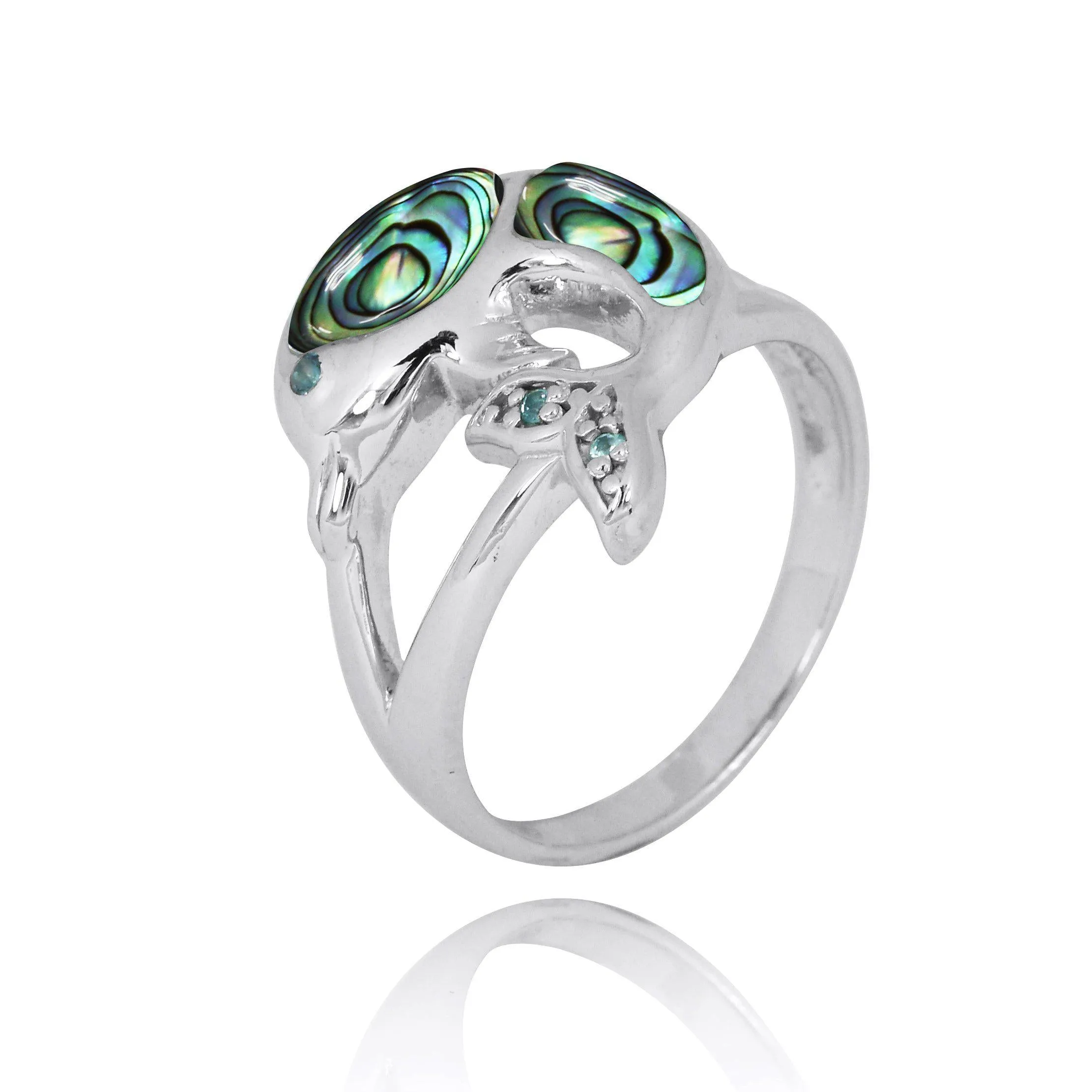 Sterling Silver Dolphin Ring with Abalone Shell, London Blue Topaz and Swiss Blue Topaz