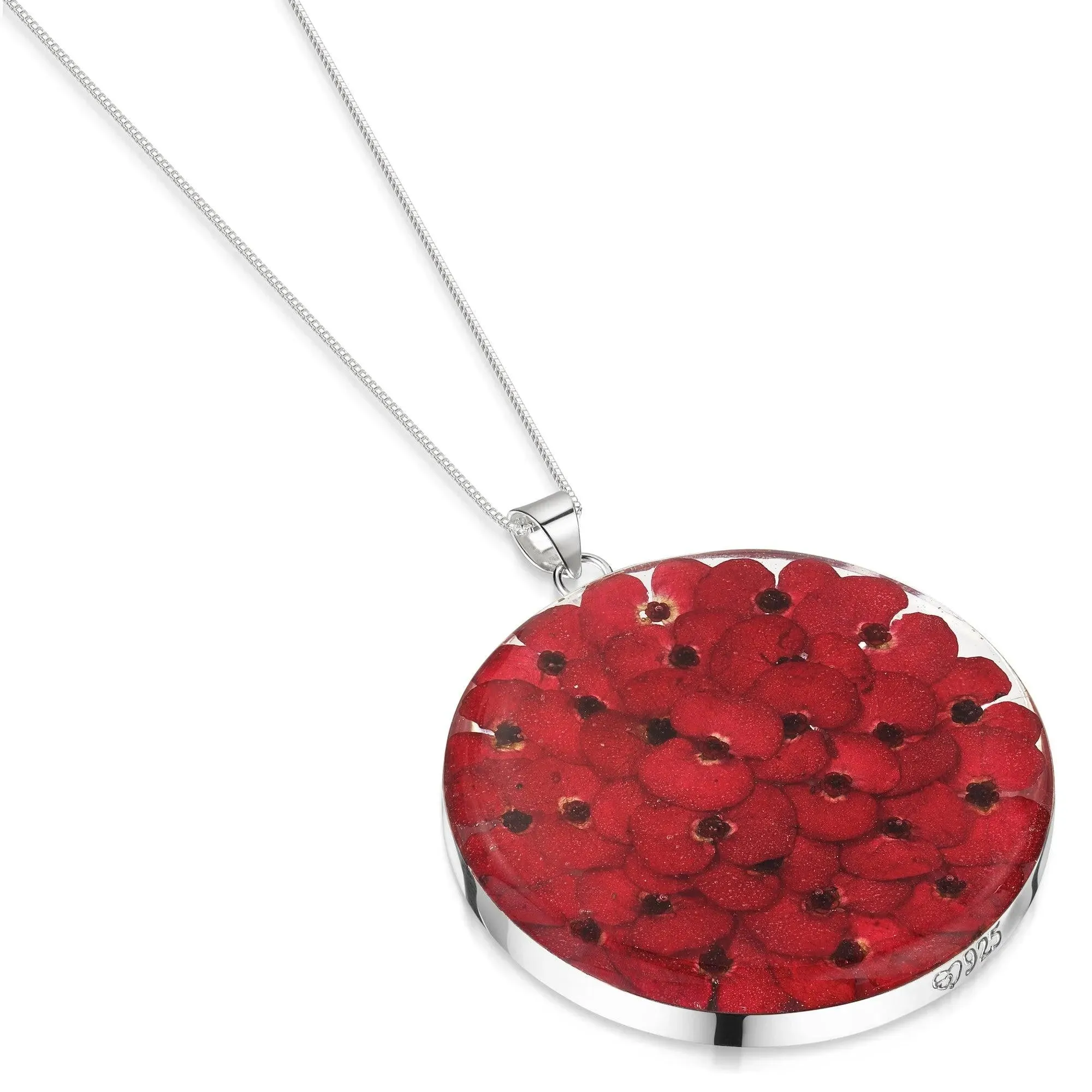 Sterling Silver Poppy Full moon Pendant Necklace. Mini Poppy (Euphorbia Milii)