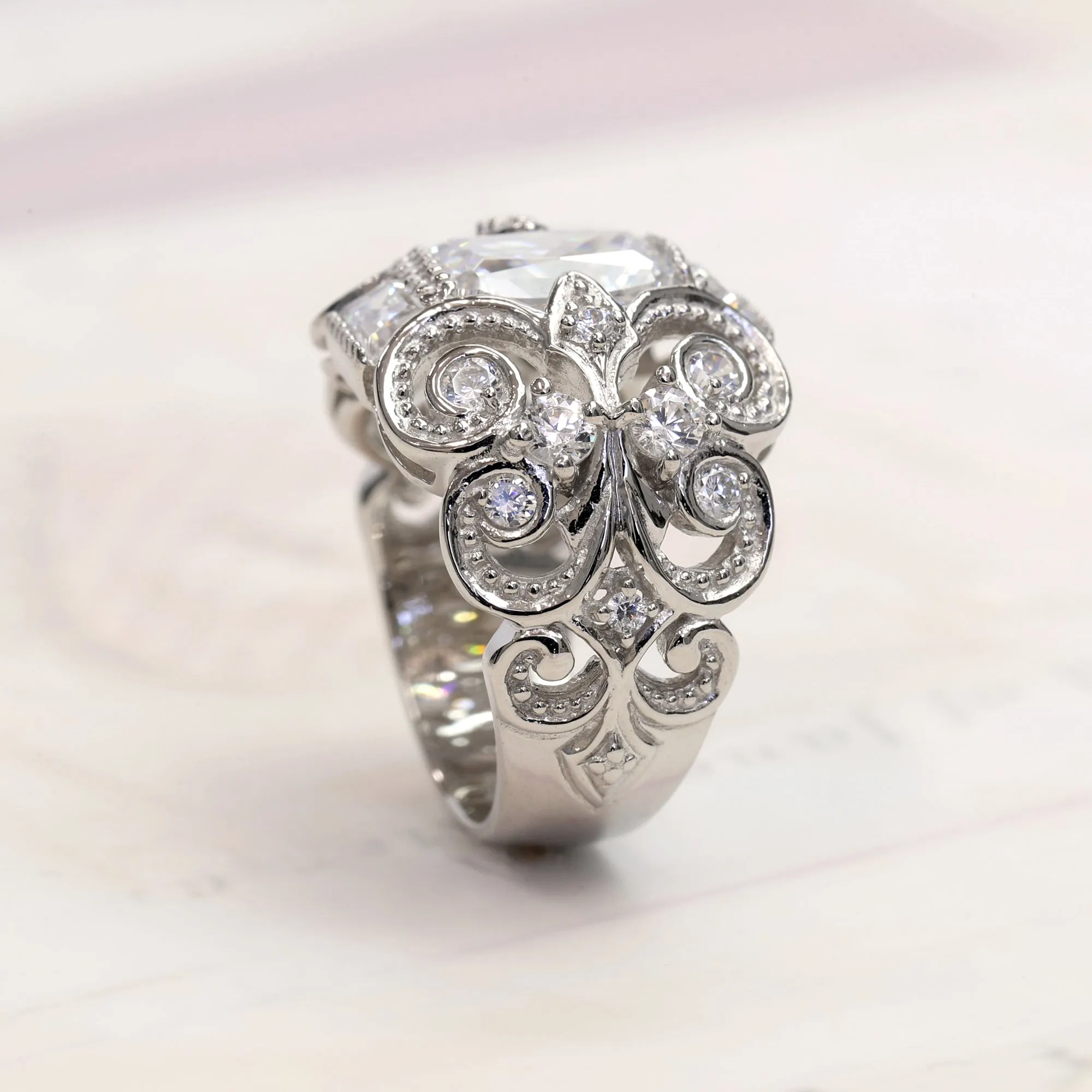 Sterling Silver Radiant Cut Vintage Filigree Fleur de Lis Ring