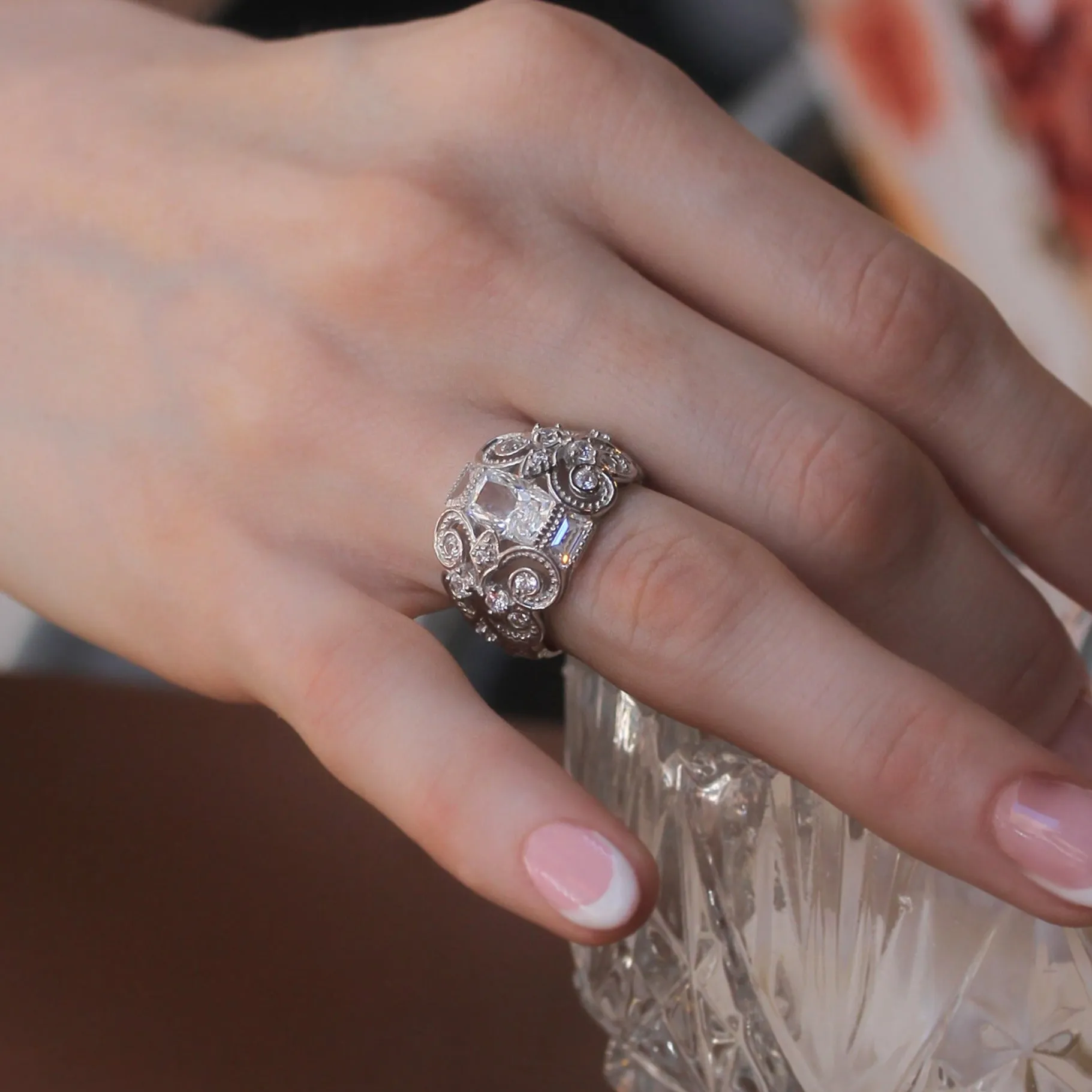 Sterling Silver Radiant Cut Vintage Filigree Fleur de Lis Ring