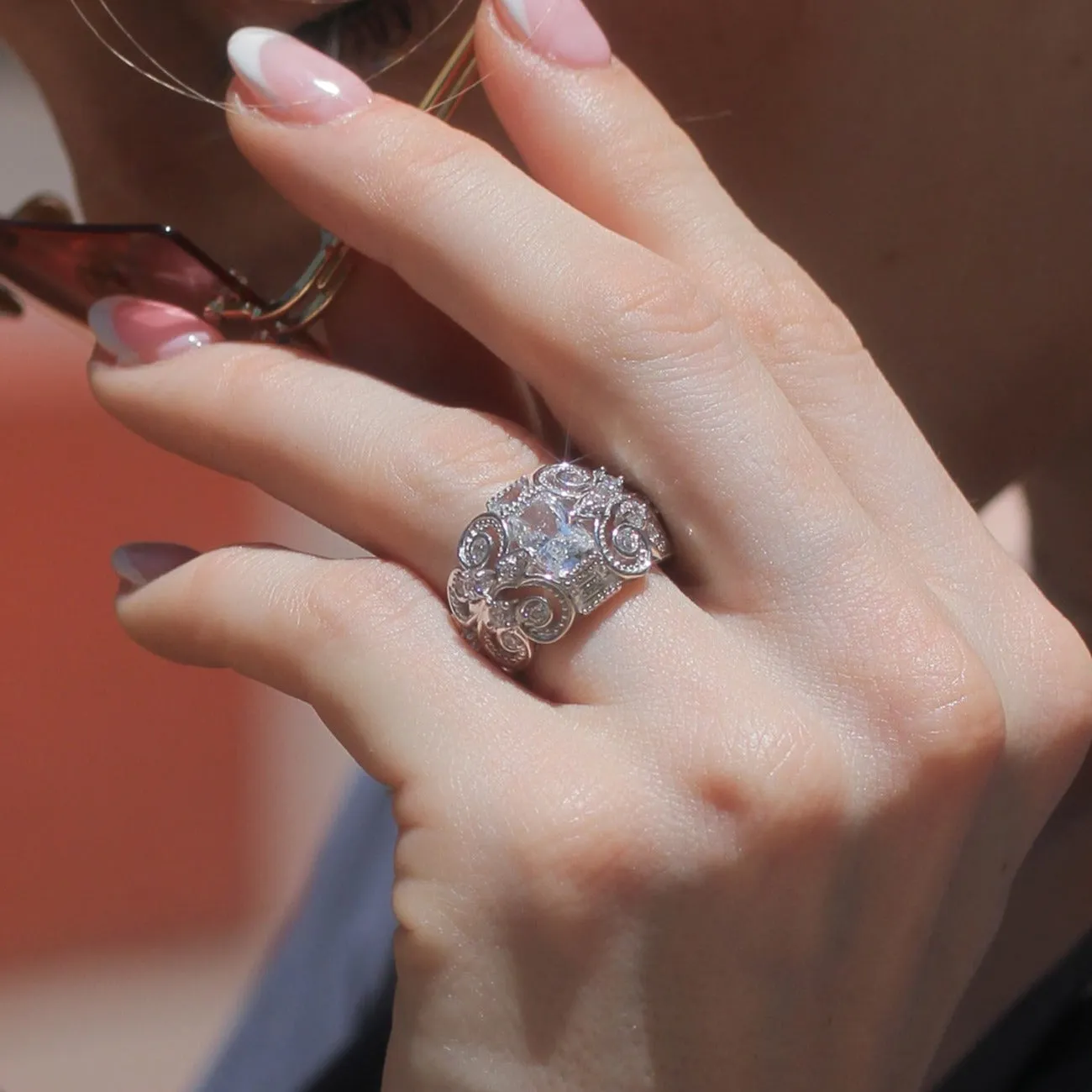 Sterling Silver Radiant Cut Vintage Filigree Fleur de Lis Ring