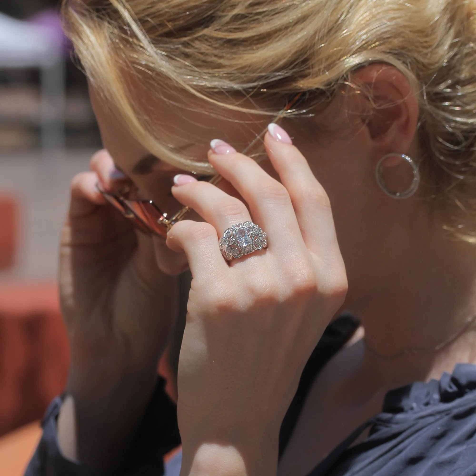 Sterling Silver Radiant Cut Vintage Filigree Fleur de Lis Ring