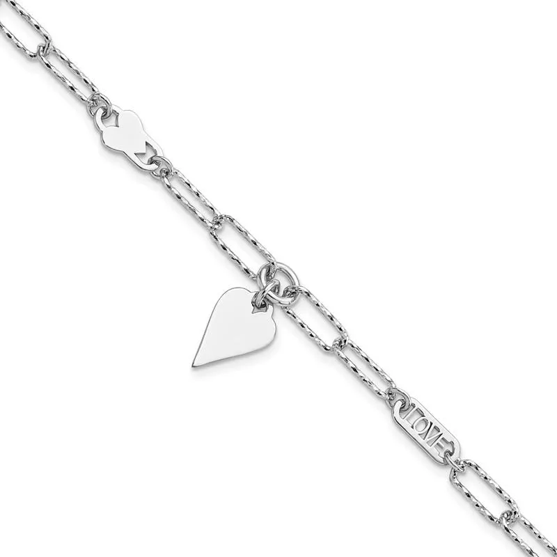 Sterling Silver Rhodium-plated Diamond-cut LOVE/Heart Dangle Bracelet