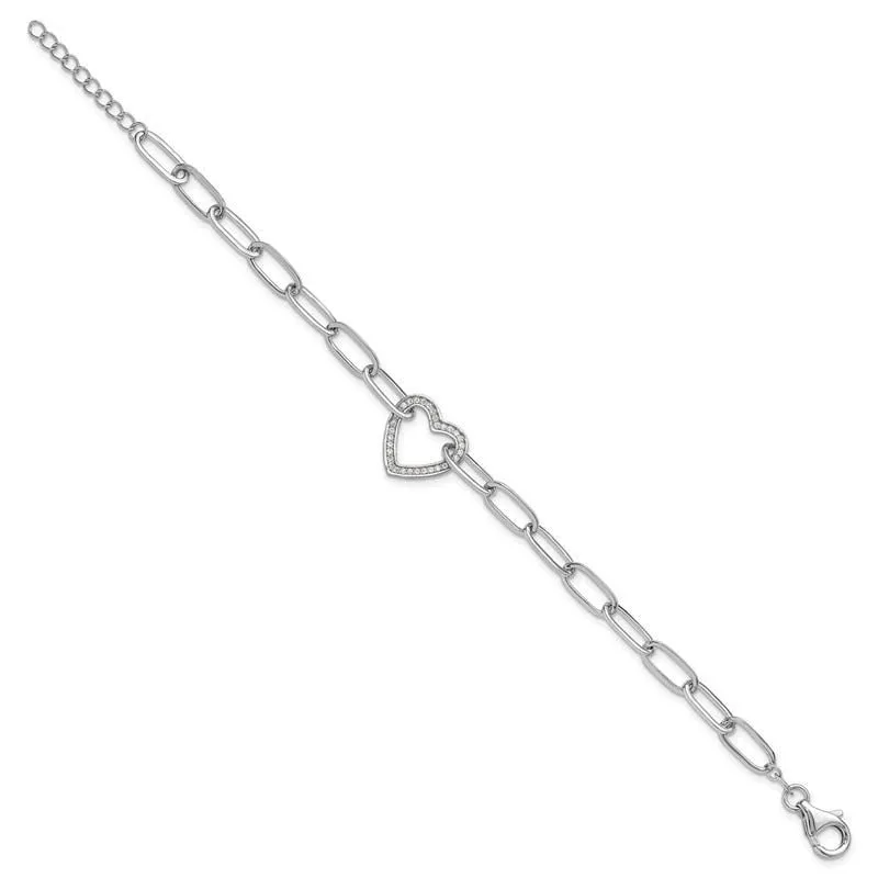 Sterling Silver Rhodium-plated Paperclip CZ Heart with 1in ext. Bracelet