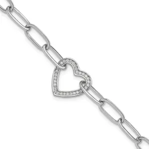 Sterling Silver Rhodium-plated Paperclip CZ Heart with 1in ext. Bracelet