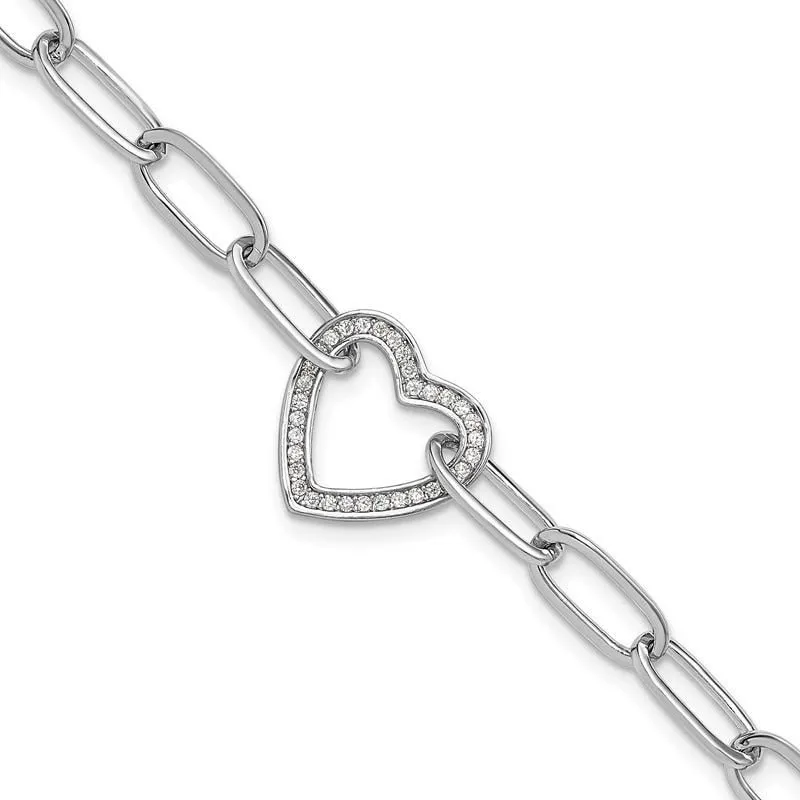 Sterling Silver Rhodium-plated Paperclip CZ Heart with 1in ext. Bracelet