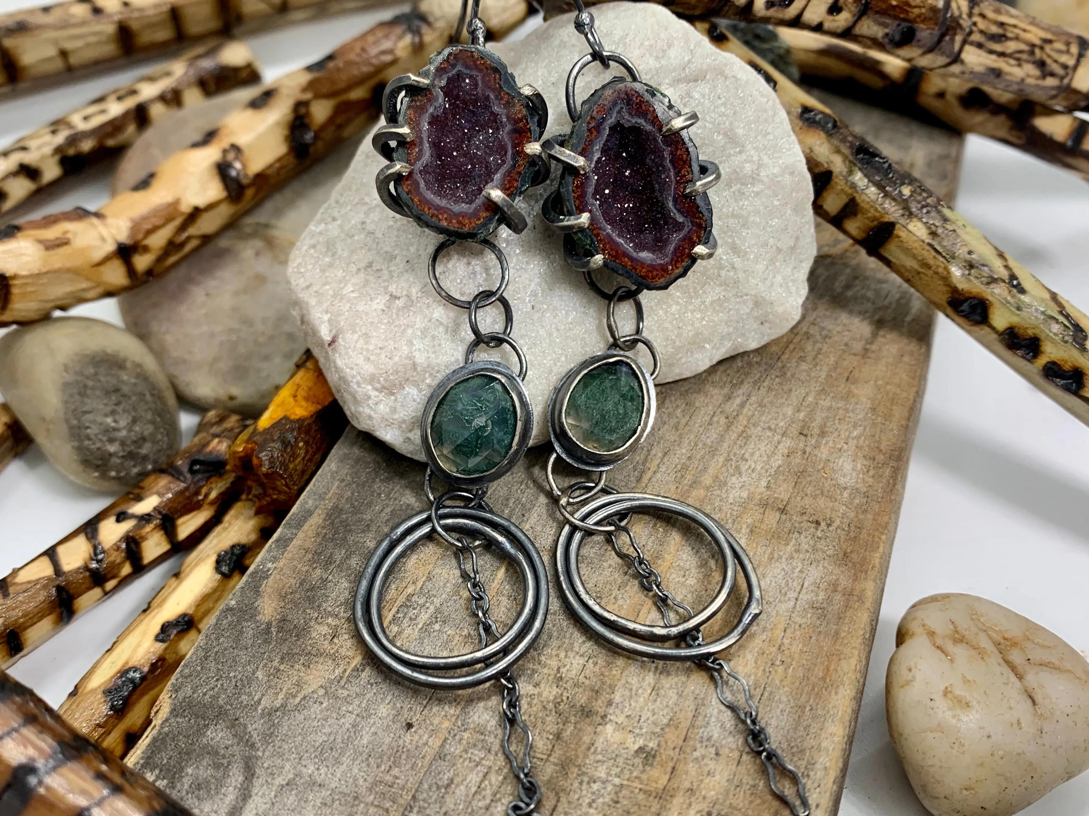 Sterling Silver Tabasco Geode Moss Agate Earrings