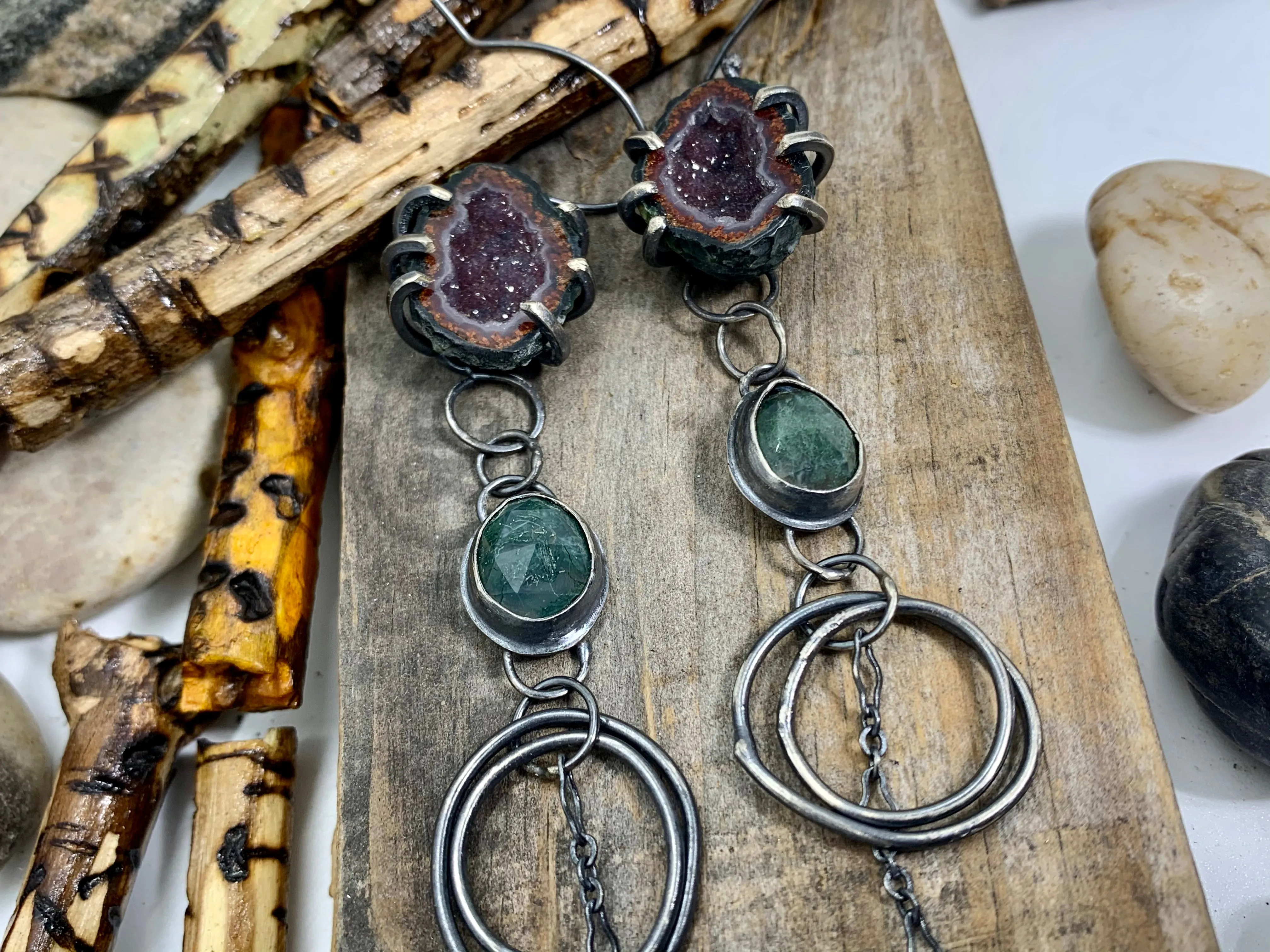 Sterling Silver Tabasco Geode Moss Agate Earrings