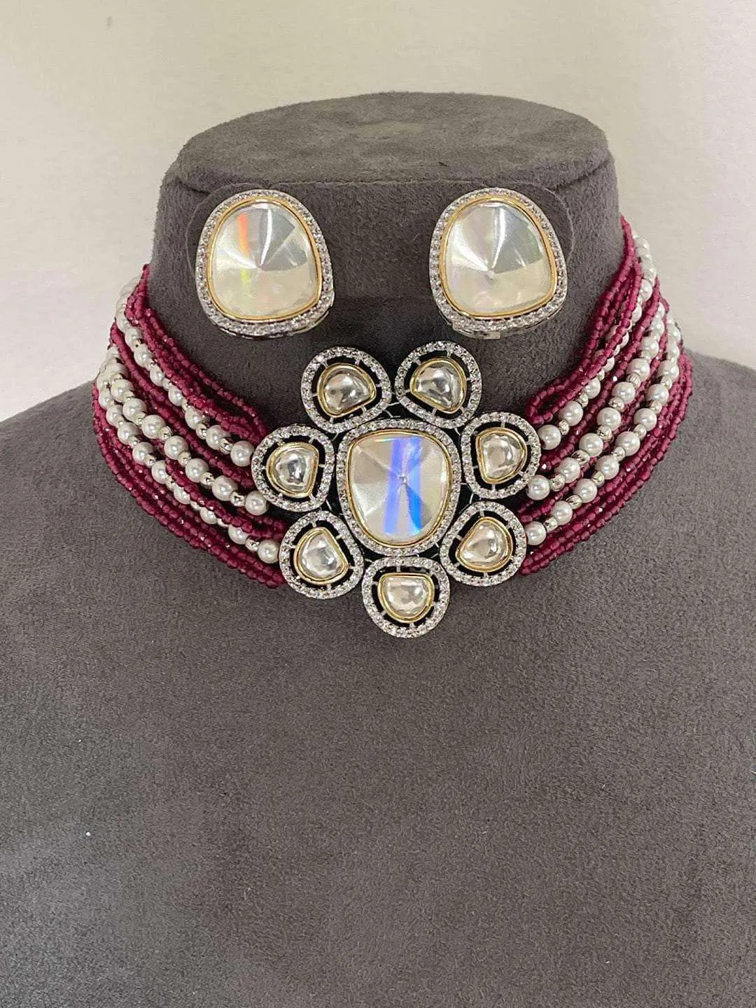 Stunning Maroon Pearl Choker Set