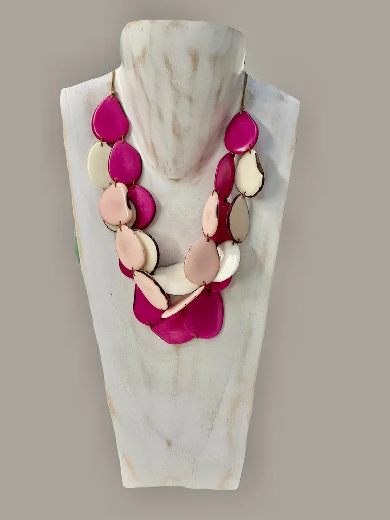 Tagua Organic Fair Trade Necklace in Pinks and Cream Adjustable