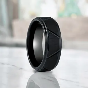 TERRANCE | Black Tungsten Ring, Trapezoids Design, Stepped Edge