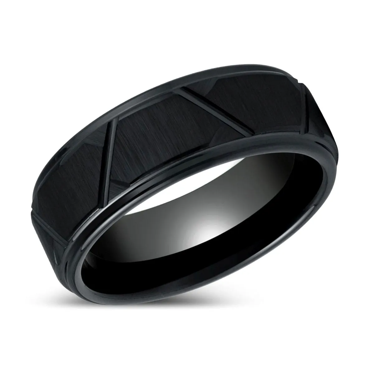 TERRANCE | Black Tungsten Ring, Trapezoids Design, Stepped Edge