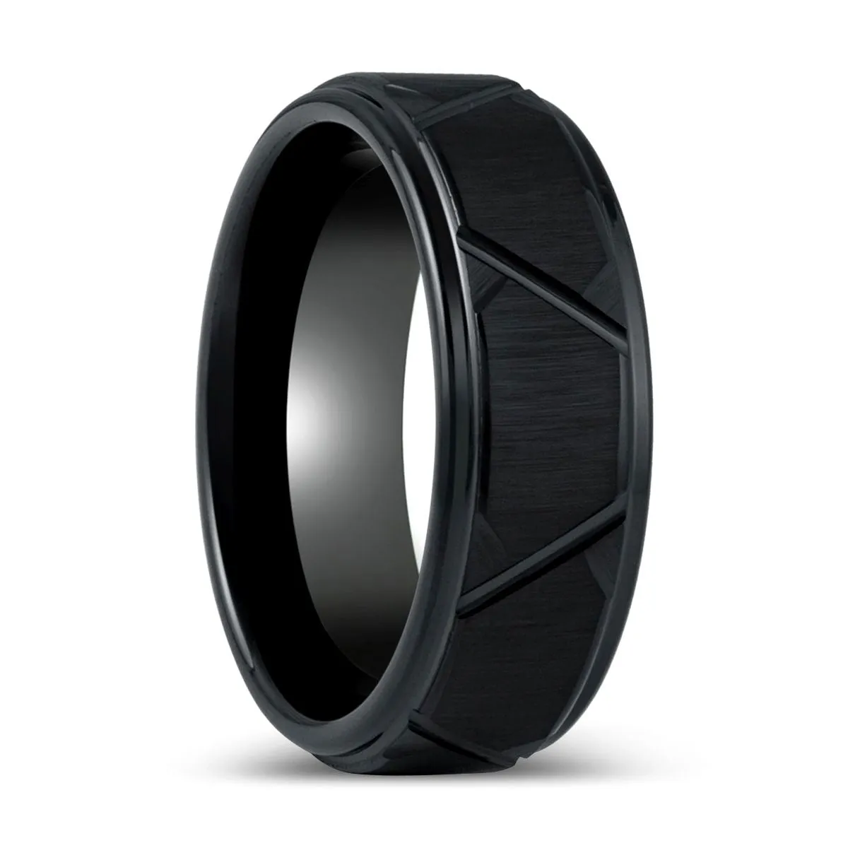 TERRANCE | Black Tungsten Ring, Trapezoids Design, Stepped Edge