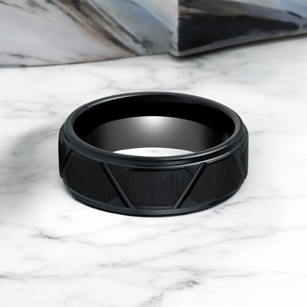 TERRANCE | Black Tungsten Ring, Trapezoids Design, Stepped Edge