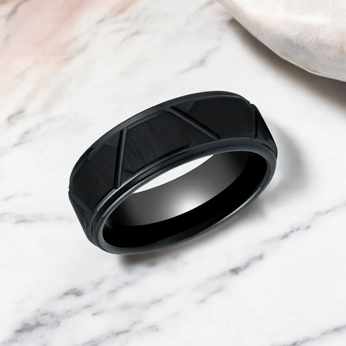 TERRANCE | Black Tungsten Ring, Trapezoids Design, Stepped Edge