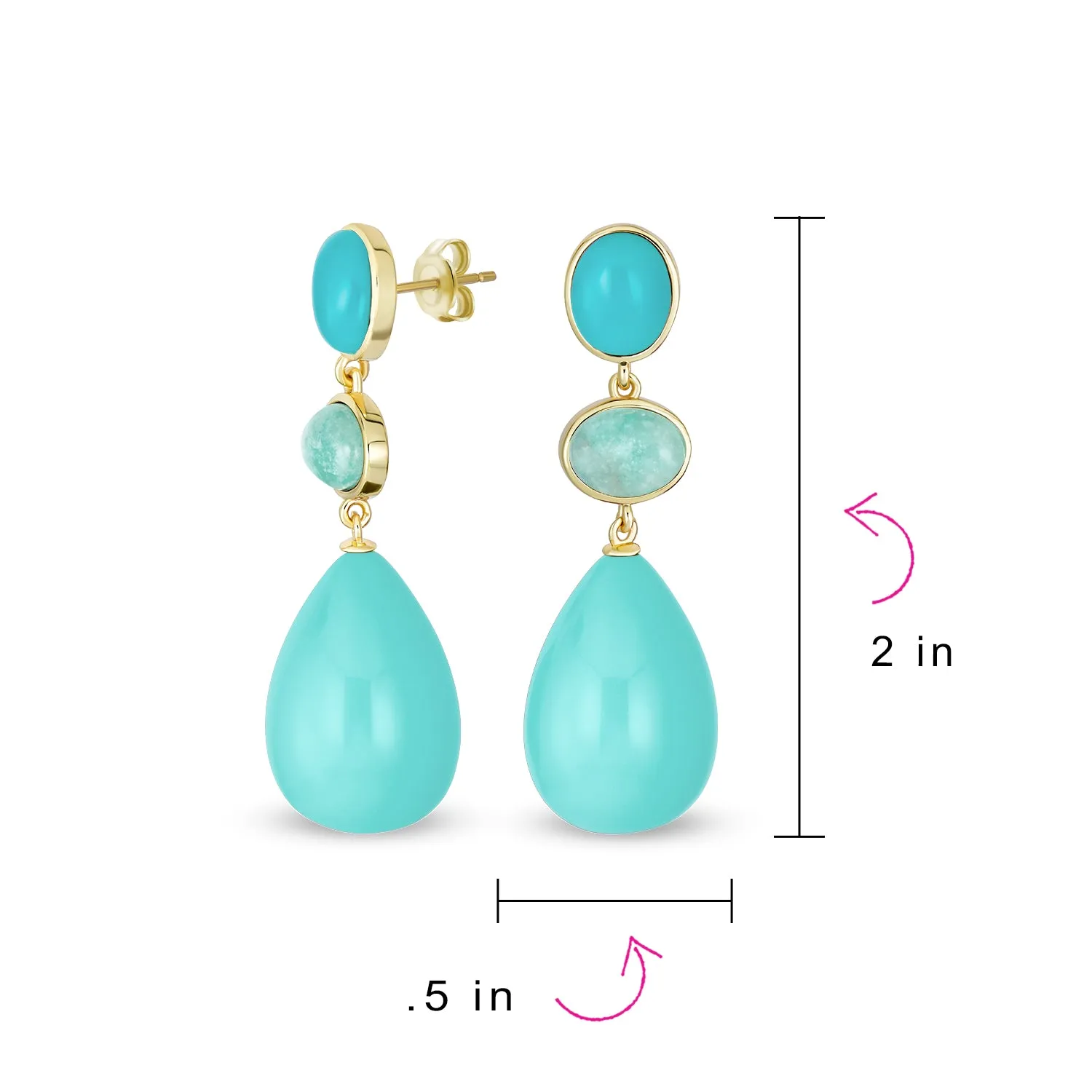 Unique Geometric Dangle Earrings Teardrop Oval & Gemstone in 14K Gold Plated