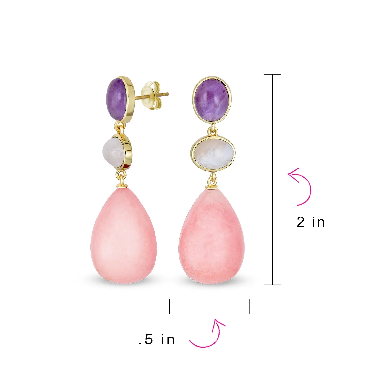 Unique Geometric Dangle Earrings Teardrop Oval & Gemstone in 14K Gold Plated