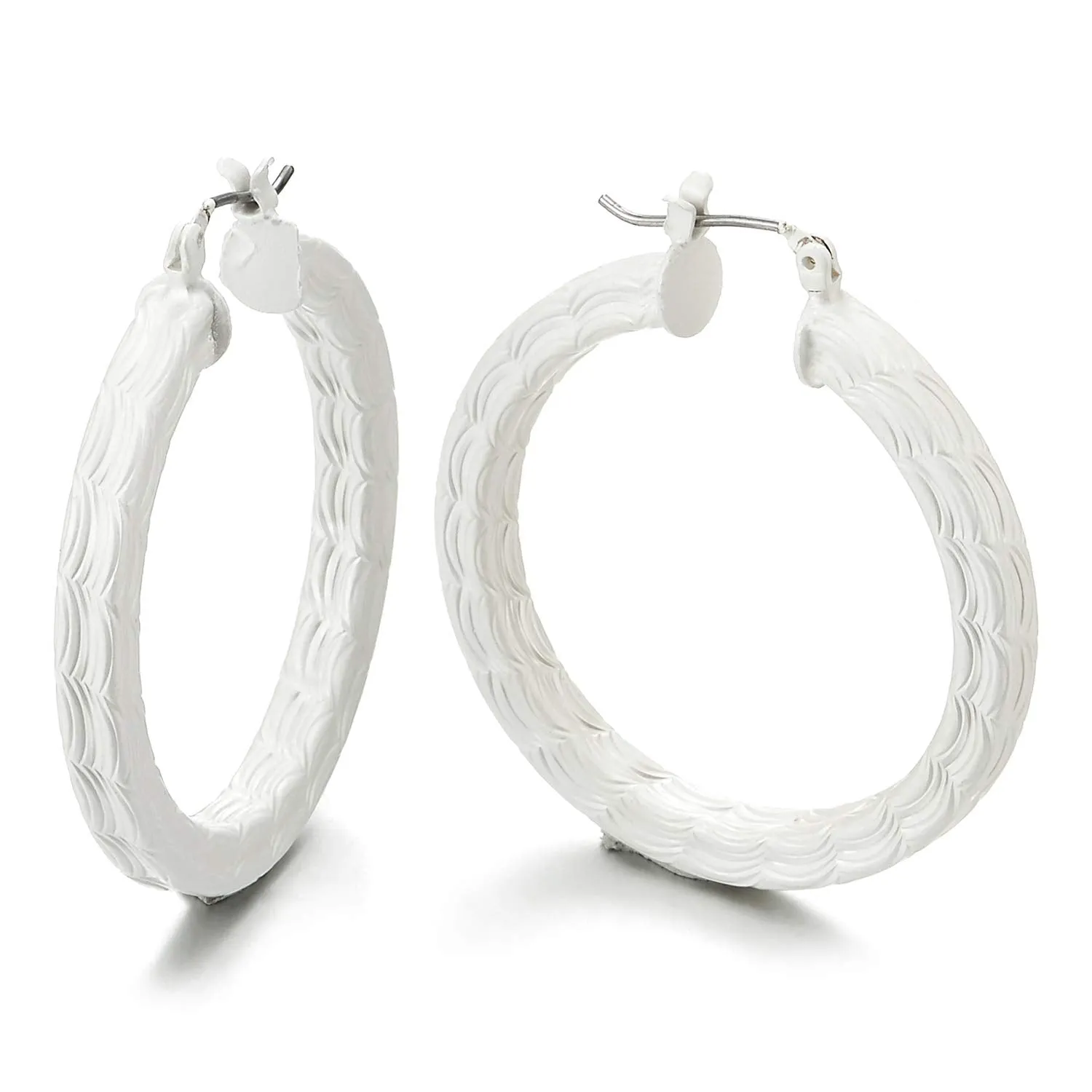 Unique Large White Statement Earrings Grooved Wave Stripes Circle Huggie Hinged Hoop, Party Event