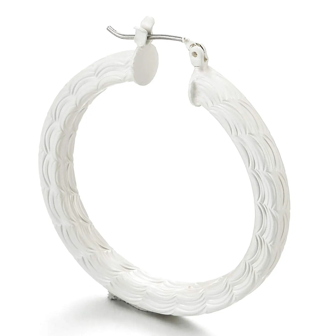 Unique Large White Statement Earrings Grooved Wave Stripes Circle Huggie Hinged Hoop, Party Event