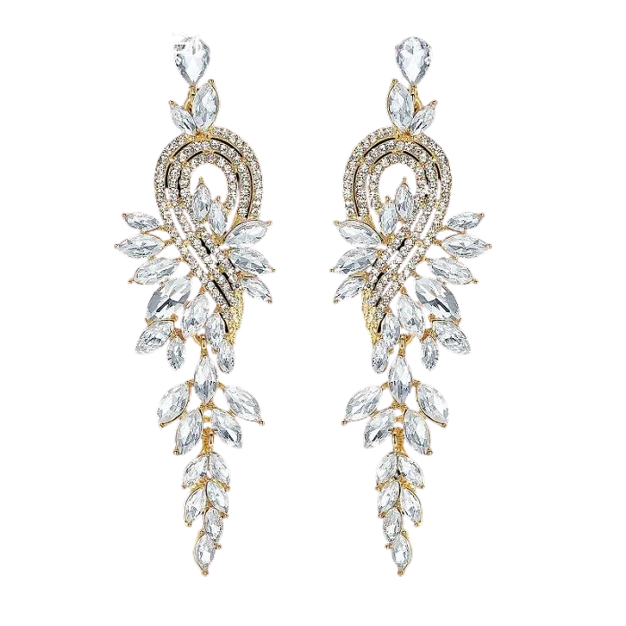 Women Crystal Leaves Long Drop Earrings